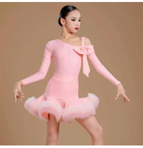 Girls kids slant neck pink latin ballroom dance dresses salsa rumba cha cha jive party stage performance outfits for children